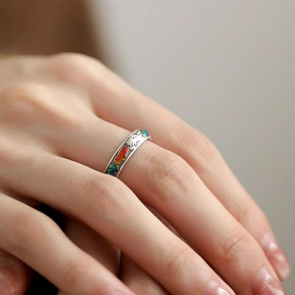 Adjustable Enamel Fox Ring, Stainless Steel Color Painting Jewelry for Women Men, Comfort Fit Daily Wear Gift Idea