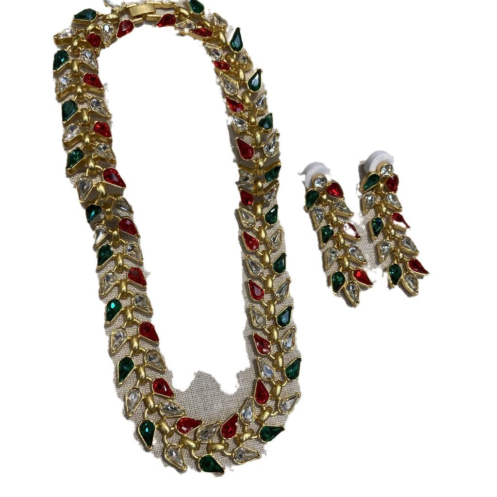 Medieval Series Accessories Colored Water Droplet Diamond Leaf Necklace Earrings Two-Piece Set Middle East Bridal Jewelry