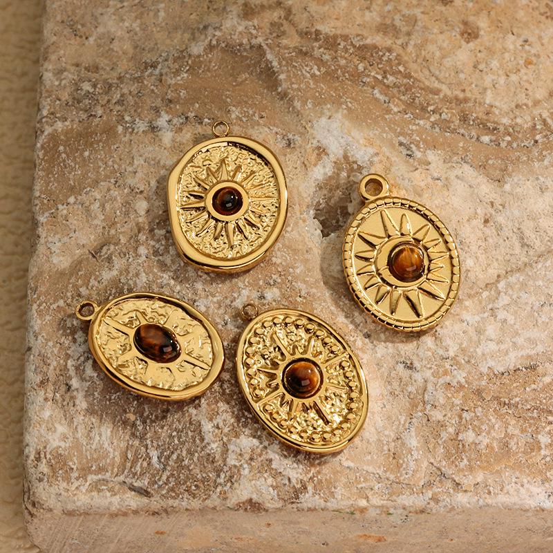 Stainless Steel Oval Star Tiger Eye Stone Pendant Jewelry