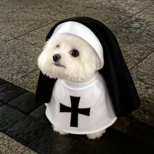 Halloween Cats Nun Costume Jesus Cross Print Kitty Clothes for Small Dogs Funny Cute Dress Up Party Pet Overalls Cat Accessories
