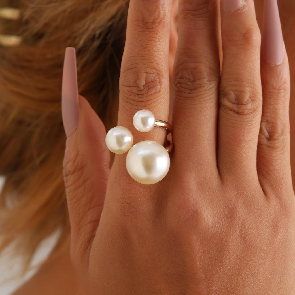 European and American rings, three imitation pearl metal base rings, French creative rings, trend joint rings