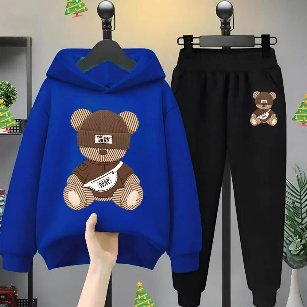 Cartoon Bear Print Children Hooded Sweatshirt+Pants Two-piece Set Boy Girl Autumn Winter Daily Outdoor Casual Warm Sportswear