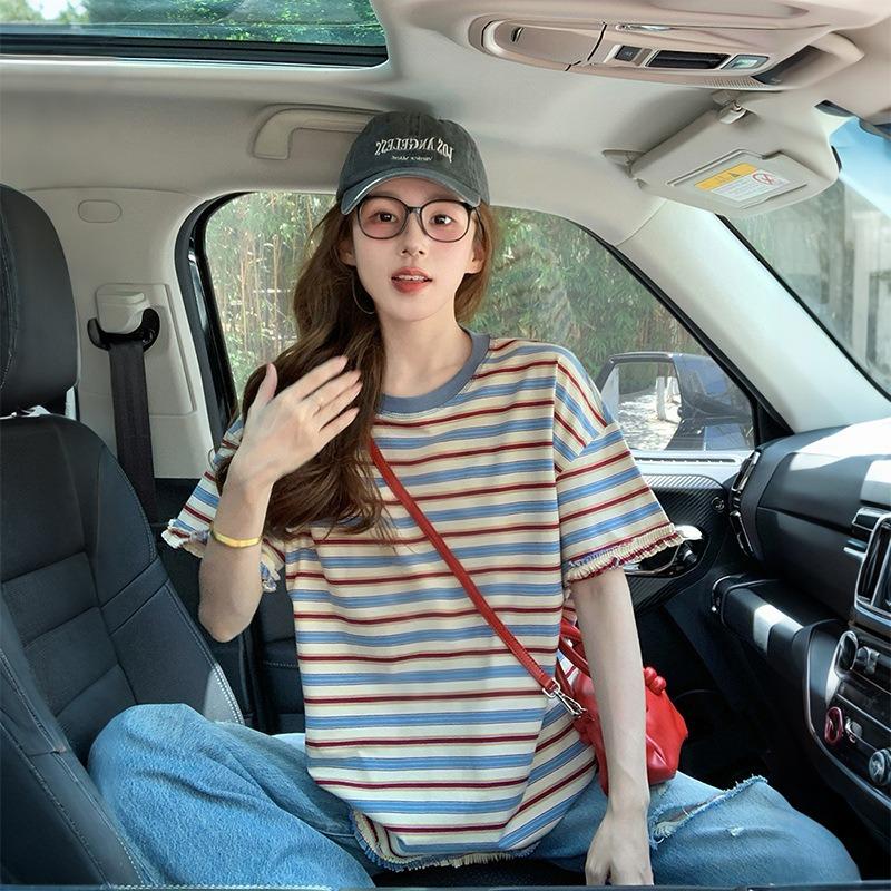 Women's Multicolor Striped T-Shirt - Raw Hem Oversized Short-Sleeve Top