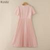 ZANZEA Women Casual Round Neck Short Sleeve Elegant Pleated Dress