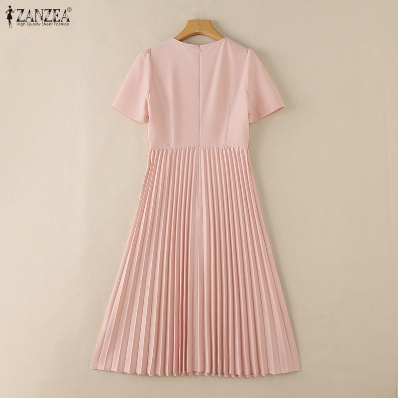 ZANZEA Women Casual Round Neck Short Sleeve Elegant Pleated Dress