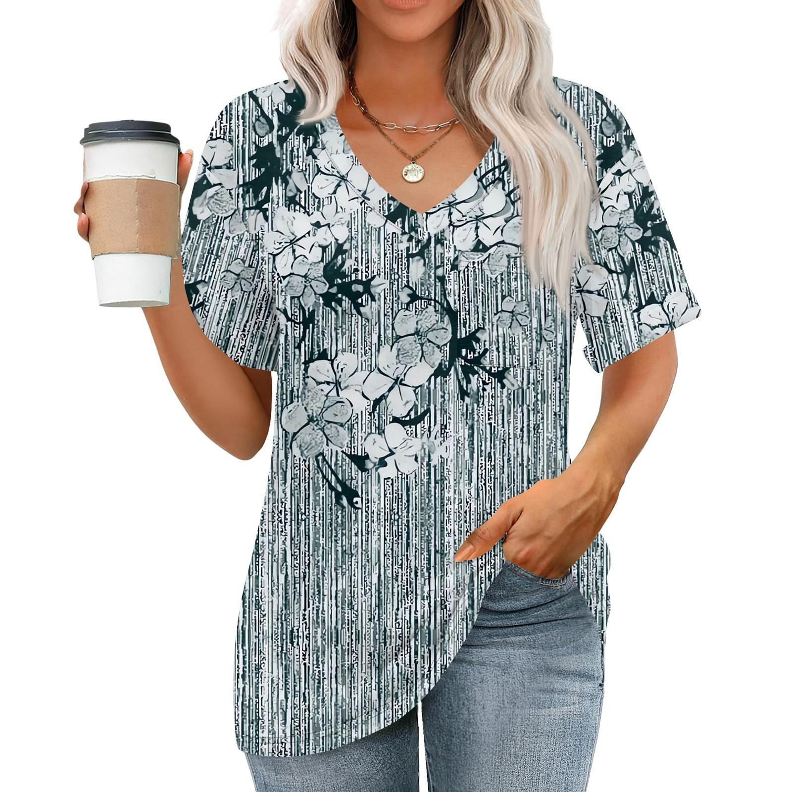 

Женские топы с V-образным вырезом и коротким рукавом Блузки Повседневные модные принты Туники Топы с карманами L