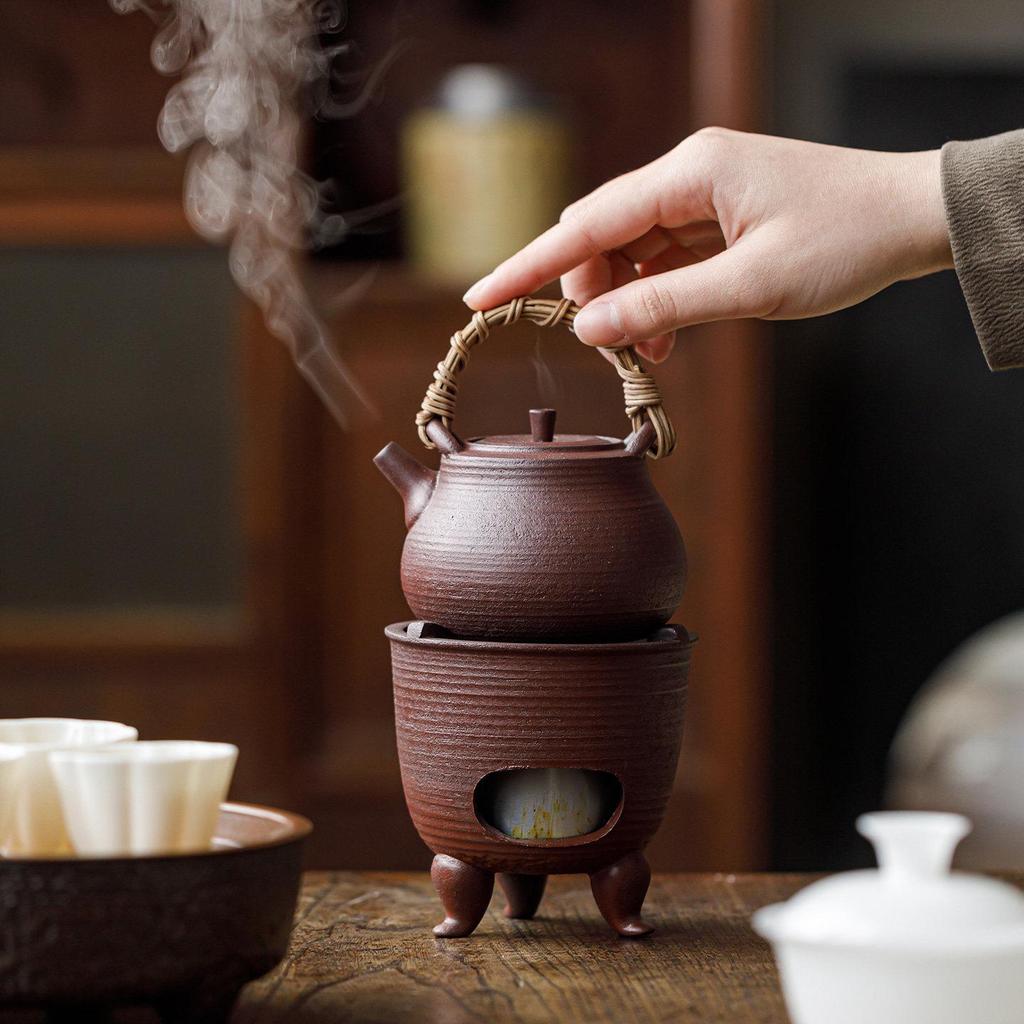 Guanlan Retro Chinese Coarse Pottery Tea Stove Set with Handle for Outdoor Camping