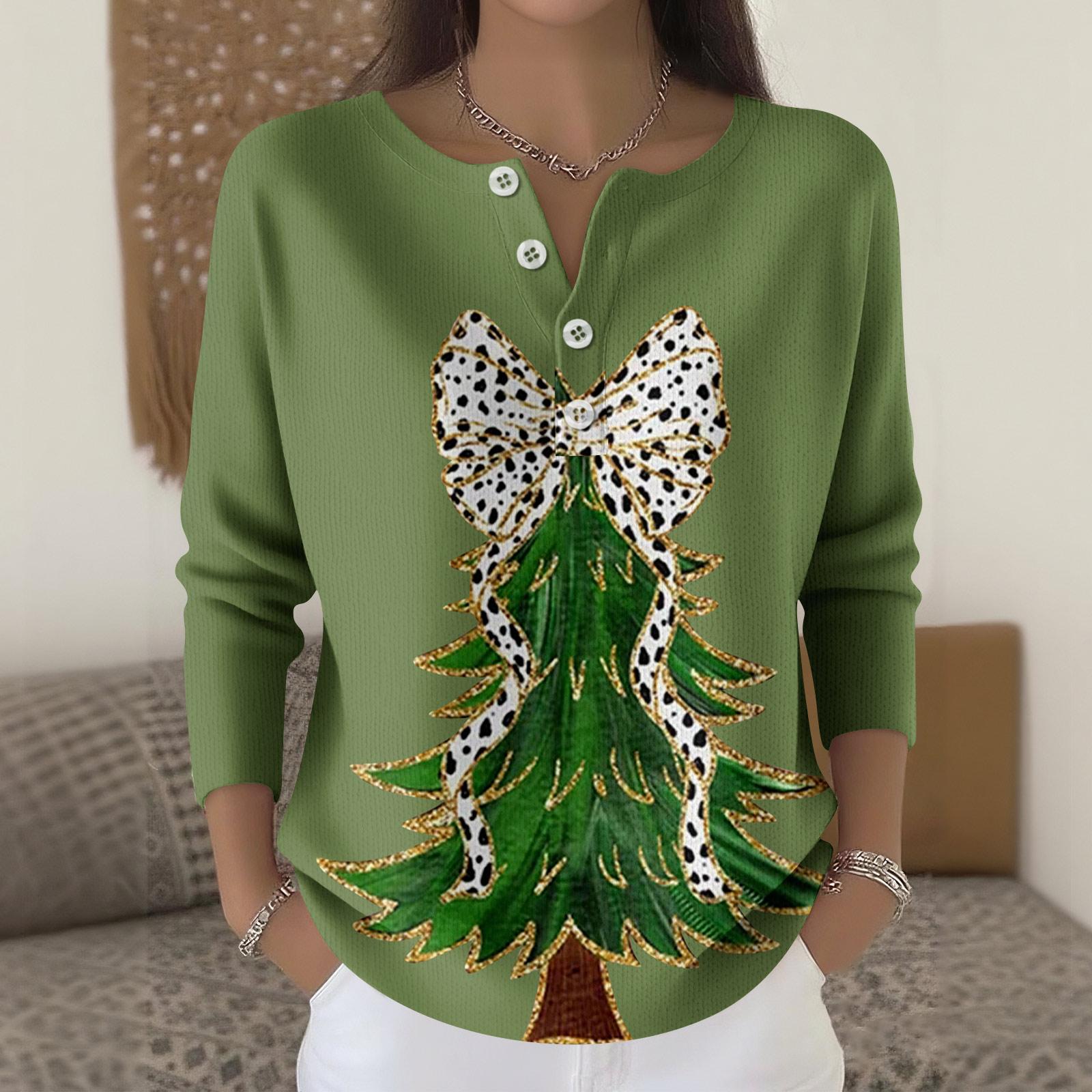 

Women s Fashion Long Sleeve Christmas Snowflake Print Top Elegant Casual Top L армія зелений колір