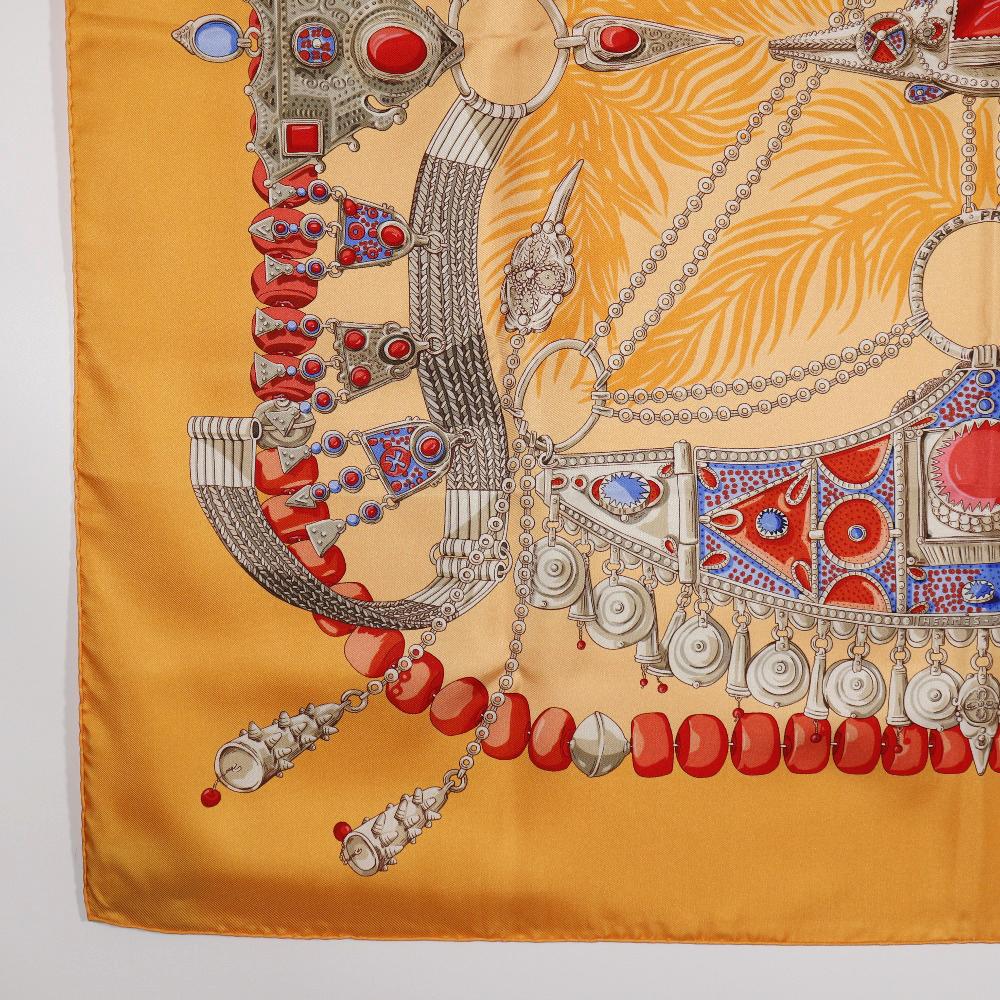 HERMES Carree90 scarf TERRES PRECIEUSES Orange/Blue / beige silk Women Used
