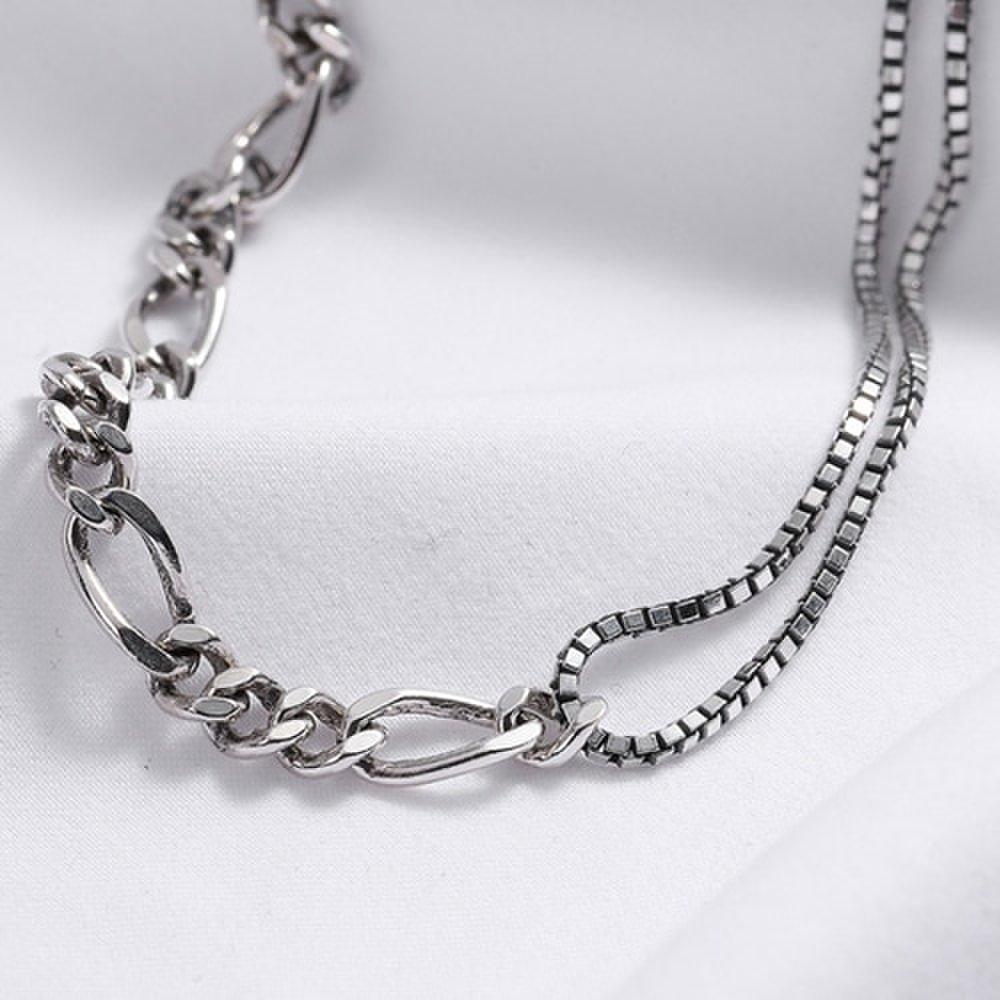 Layered Double Square Chain Choker Silver 925 Necklace N058