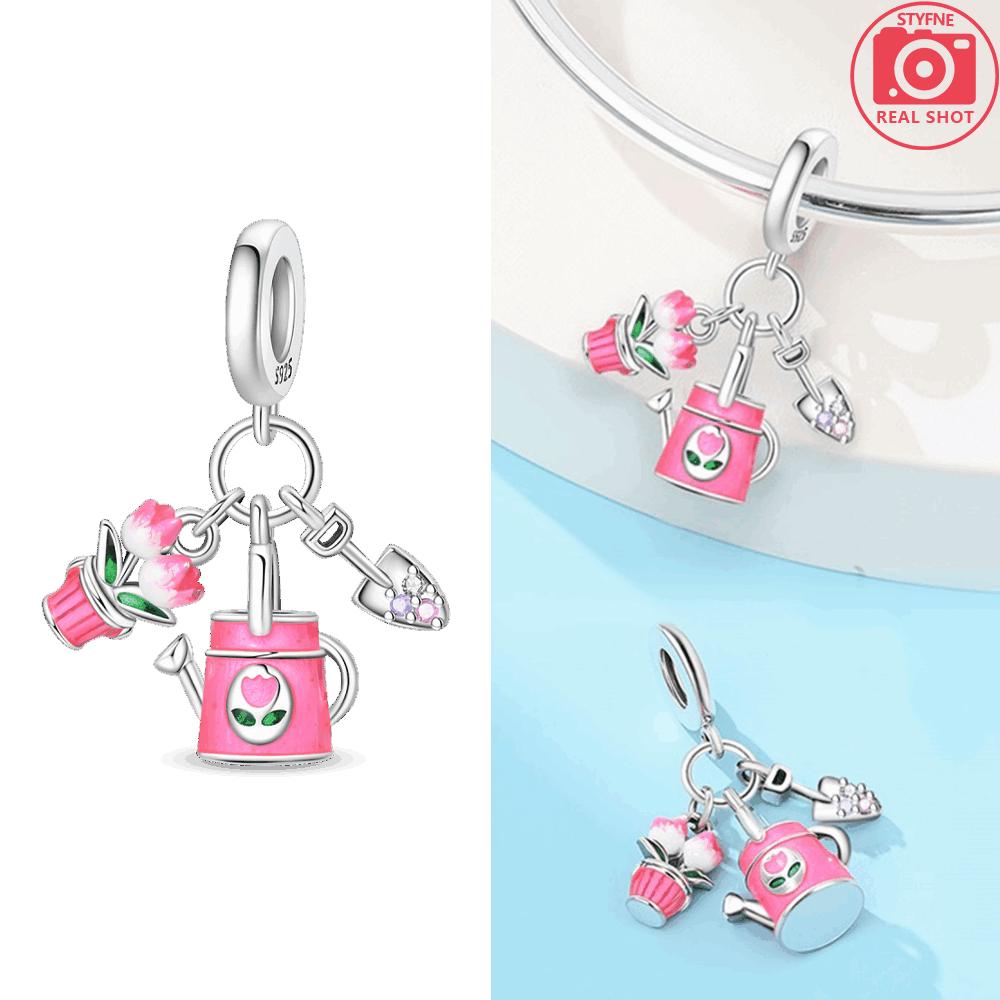 Pink Music Microphone Rose Flower Lucky Apple White Headphones Copper Bead Fit Women Bracelet Diy Valentine'S Gift Jewelry