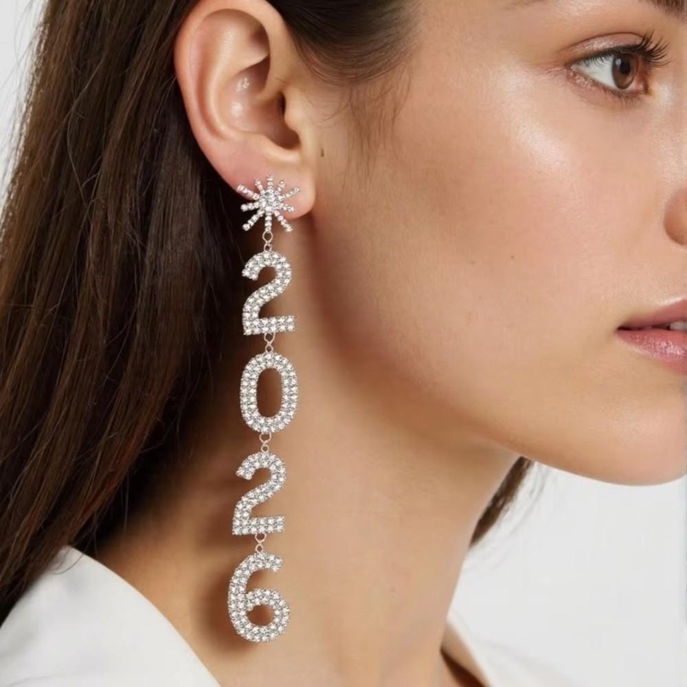Rhinestone Happy New Year Earrings Jewelry Crystal Party Earrings Pendant 2026 Stud Earrings Girls