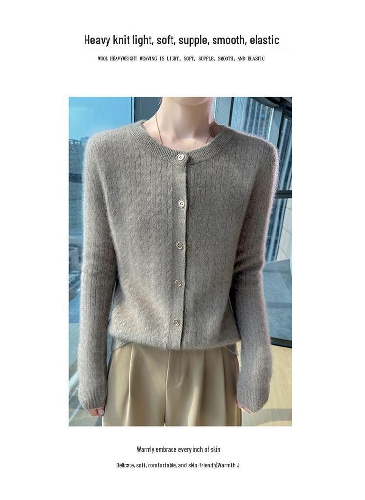 Women's 2025 Retro Cable Knit Cardigan, Long Sleeve, Round Neck, Loose Fit, Short Sweater Jacket, Versatile Layering Piece