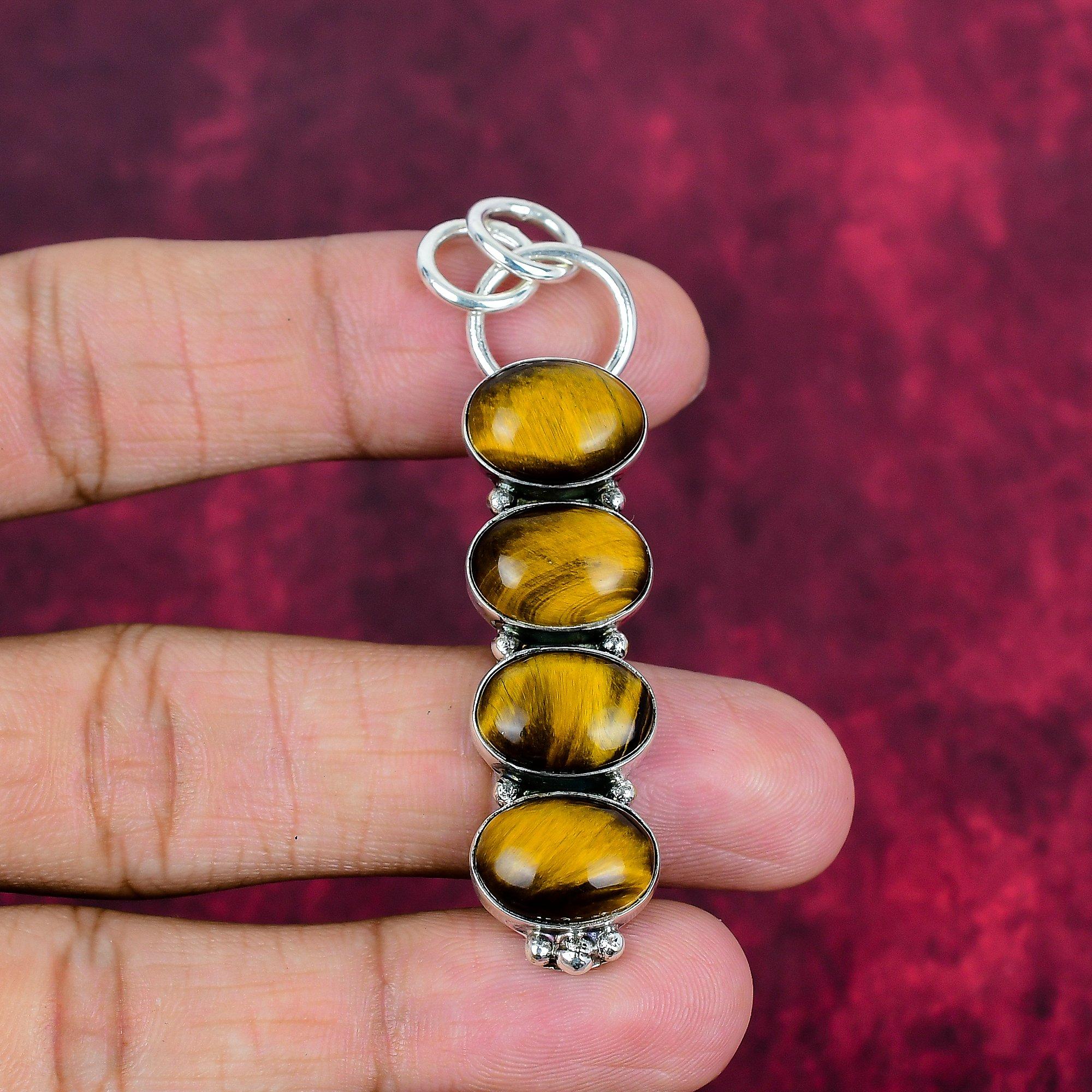 

Твердый кулон из стерлингового серебра 925 пробы с тигровым глазом, кулон из драгоценного камня ручной работы, подарок для мамы, антикварные ювелирные изделия 2.63 Inches жёлтый