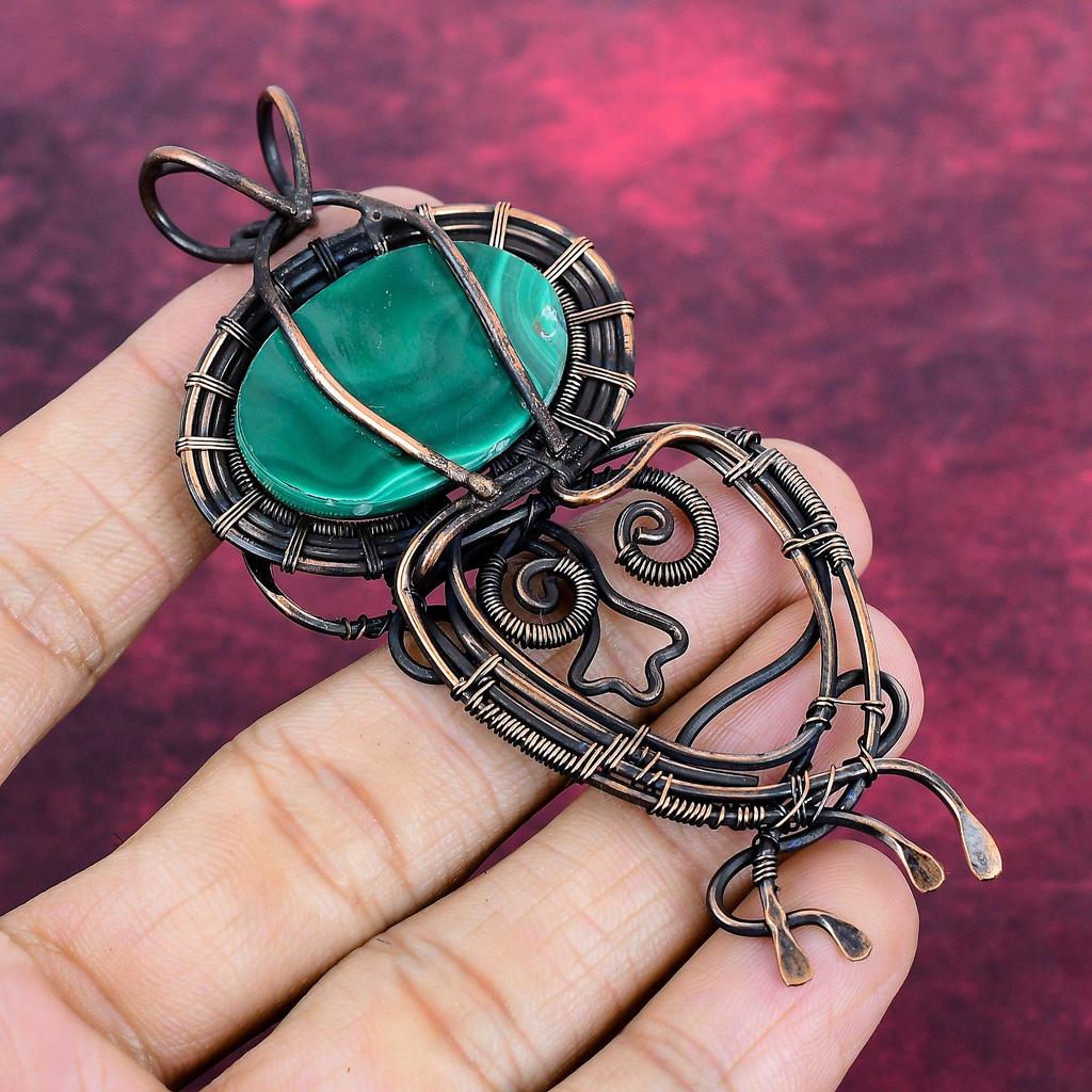 Malachite Pendant Handmade Gemstone Pendant Copper Wire Wrapped Antique Jewelry