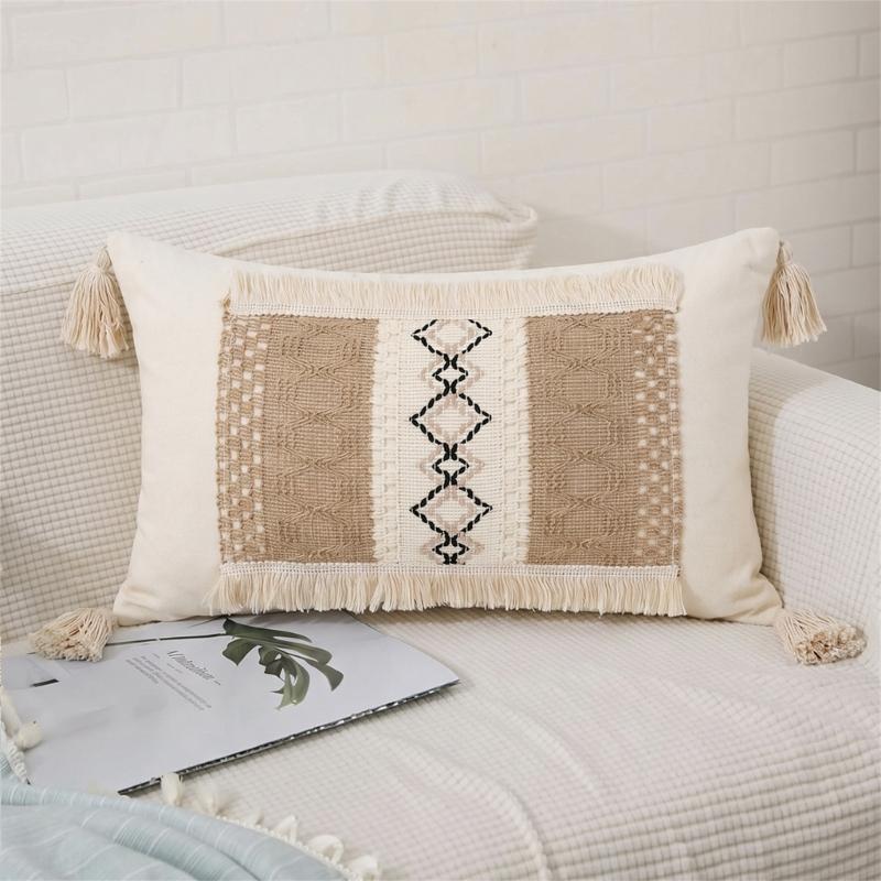 Tassels Throw Pillow Cover with Geometric Woven Texture, Neutral Farmhouse Cushion Cover for Living Room Bed Accent Decors