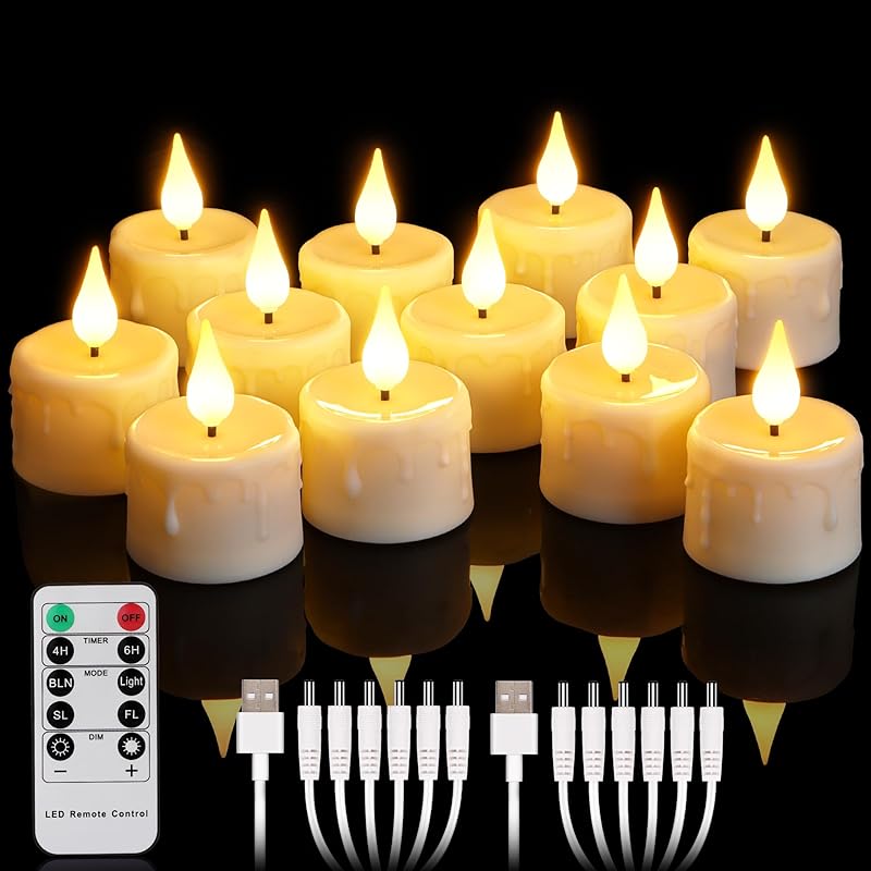 12PCS Rechargeable LED Tea Lights Candles with Remote, 3D Wick Flickering Flameless Votive Candles with 4/6H Timer, Warm White Electric Fake Candles