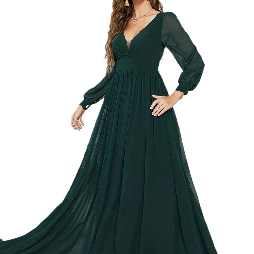 European & American Style Long Sleeve Chiffon Evening Dress - Deep V-Neck, Elegant Bridesmaid Dress
