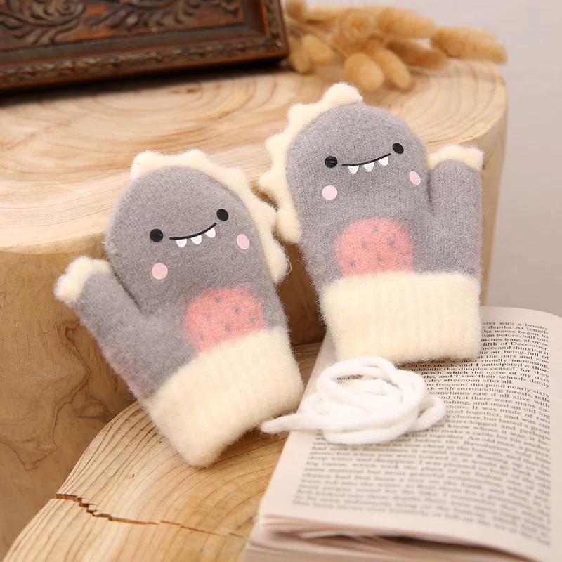 Baby Gloves for Autumn and Winter, Thickened and Fleece-Lined for Warmth, Suitable for Toddlers, Boys and Girls, Cute Dinosaur Design, Mittens