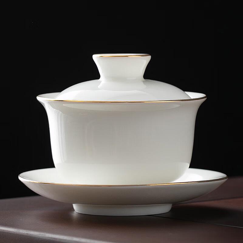Dehua Mutton-Fat Jade Porcelain Gaiwan with Gold Trim