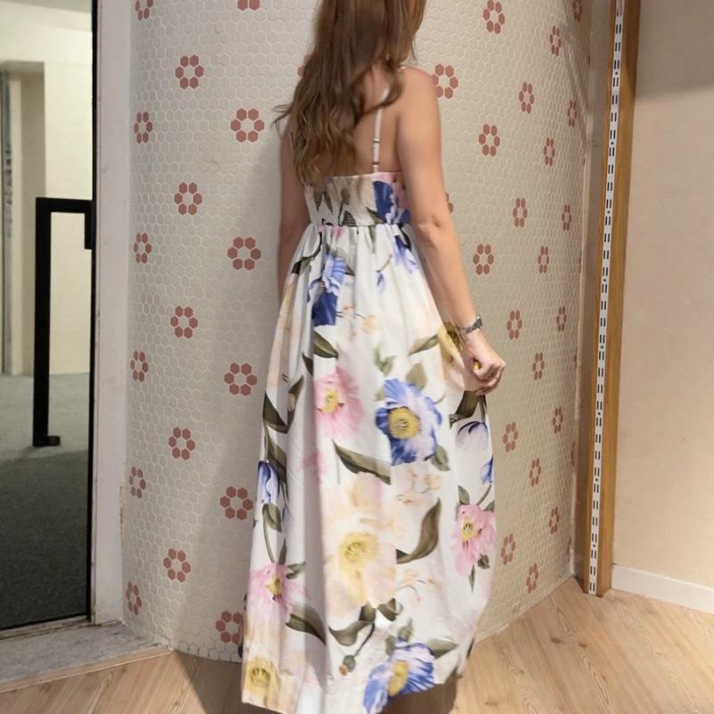 Damen Elegantes Urlaubsstil Blumenmuster Schnürung Ärmellos Langes Kleid