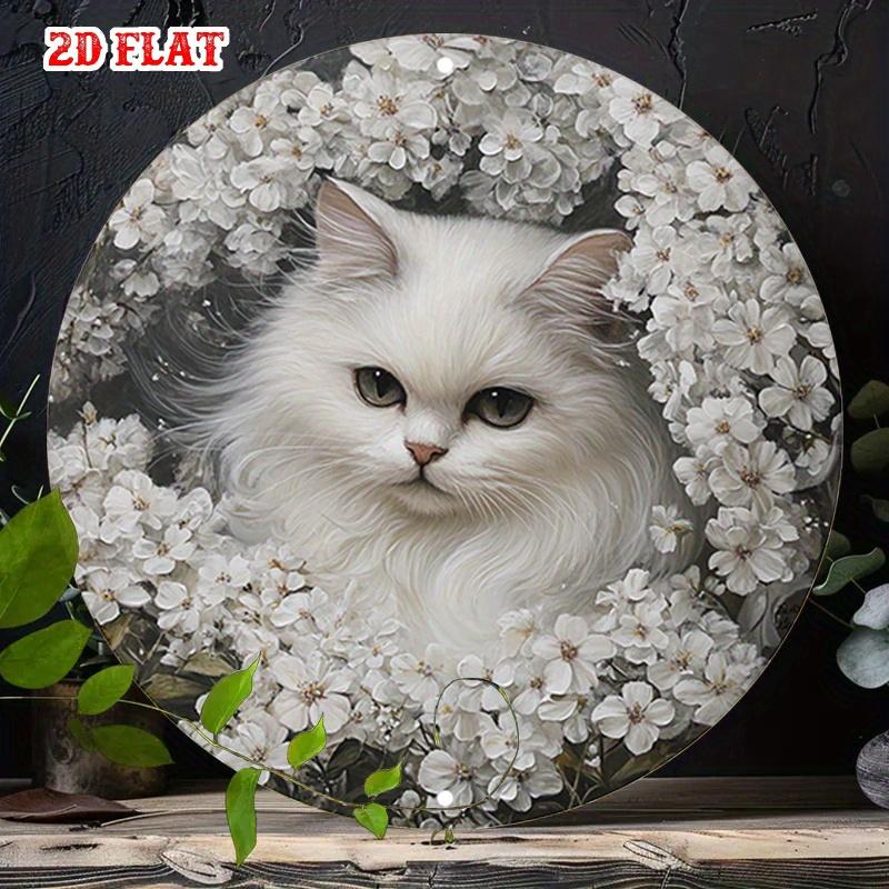 D Flat pc Vintage White Cat with Grey Eyes Floral Aluminum Wall Art x cm Round Metal Sign for Indoor Decor Ide