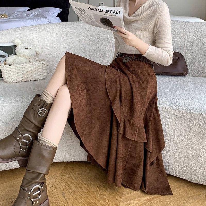 Women's Autumn High-Waist French Ruffle Suede Midi Skirt, Anti-Exposure with Irregular Fluffy Design