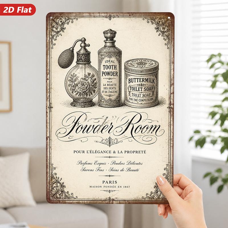 Vintage Powder Room Metal Sign with Perfume Bottle, Tooth Powder, and Buttermilk Soap
