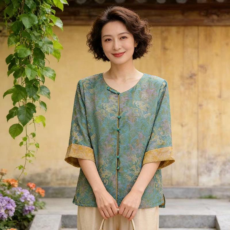 

2026 Retro Jacquard Mid-Sleeve Top for Women - Spring/Summer Chinese Style for Middle-Aged & Elderly XL (Suggests 95-112 jin) зелёный