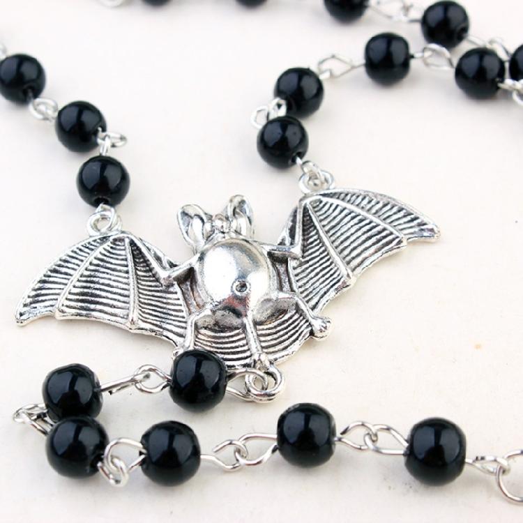 Gothic Punk Cool Rosary Beaded Necklace Ankh Cross Black Beads Bat Necklace