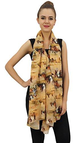 Phagun Women Brown Cotton Voile Horse Print Long Neck Wrap Scarf Stole