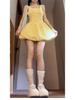 Sweet Petite Yellow Polka Dot Tulip Dress - Spaghetti Strap, Waist-Cinching, Puffy Skirt, Summer Style