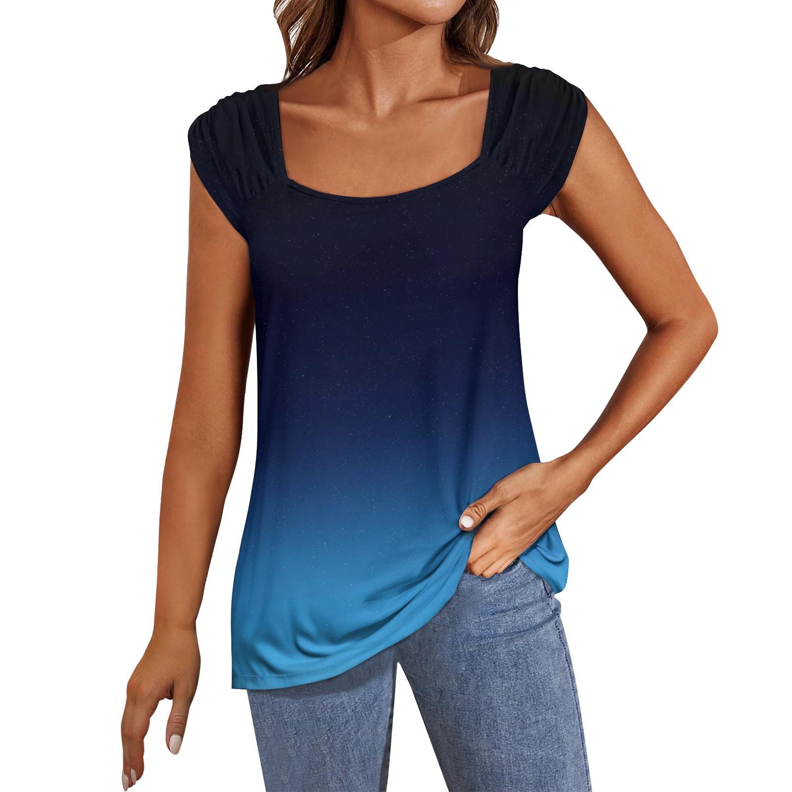 

Women s Square Neck Summer Vest Loose Casual Print Cap Sleeve Shirt Top XL