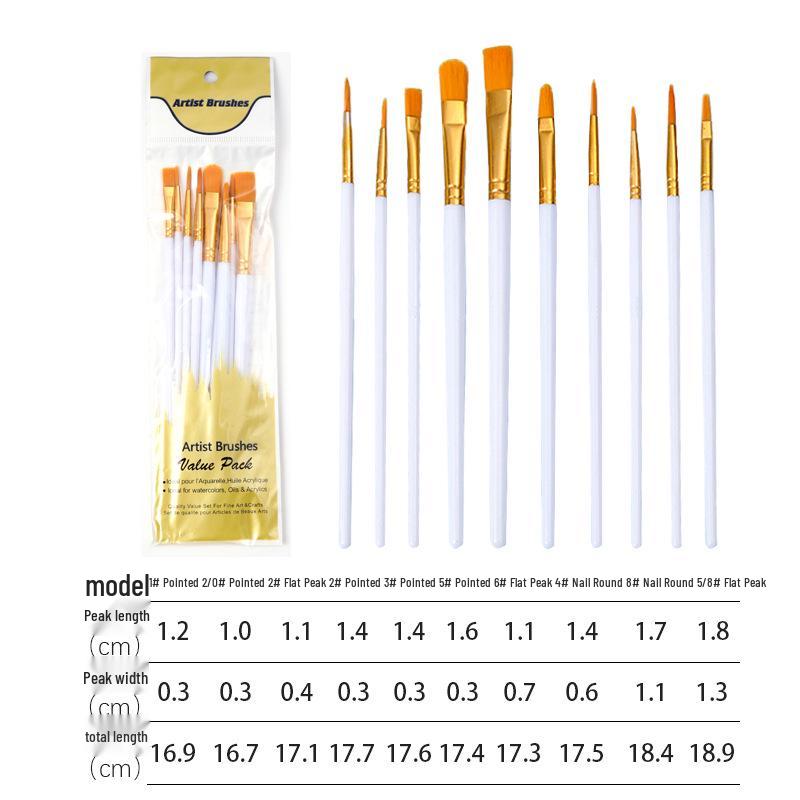 10-Piece Nylon Brush Set for Oil, Gouache, Watercolor, and Acrylic Painting