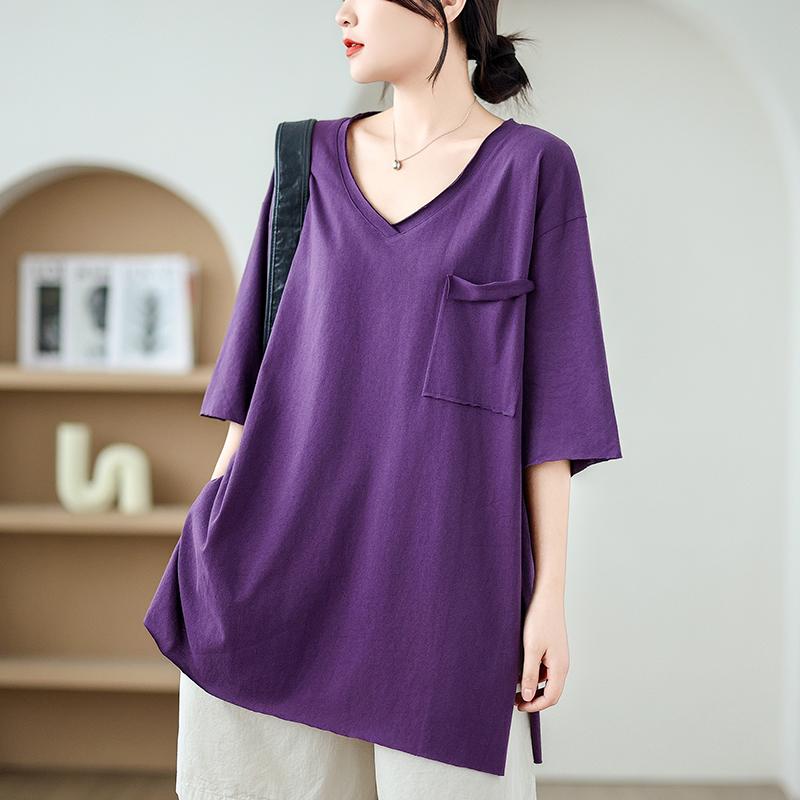 Dimanaf Camiseta de talla grande de verano 2025 para mujer, cuello en V, manga corta, lisa, holgada, maxi