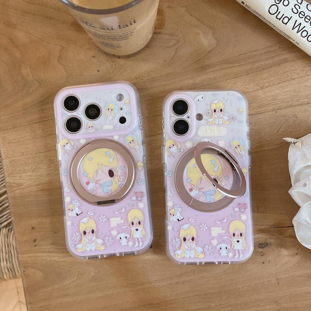 Kawaii Sweet Pink Cartoon Girl Print Phone Case for iPhone 17 16 Pro 15 16 17 Pro Max Cute Shockproof Case with Magnetic Holder