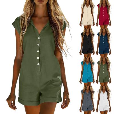 Women Cap Sleeve Button Down V Neck Overalls Loose Wide Leg Cotton Linen Jumpsuits