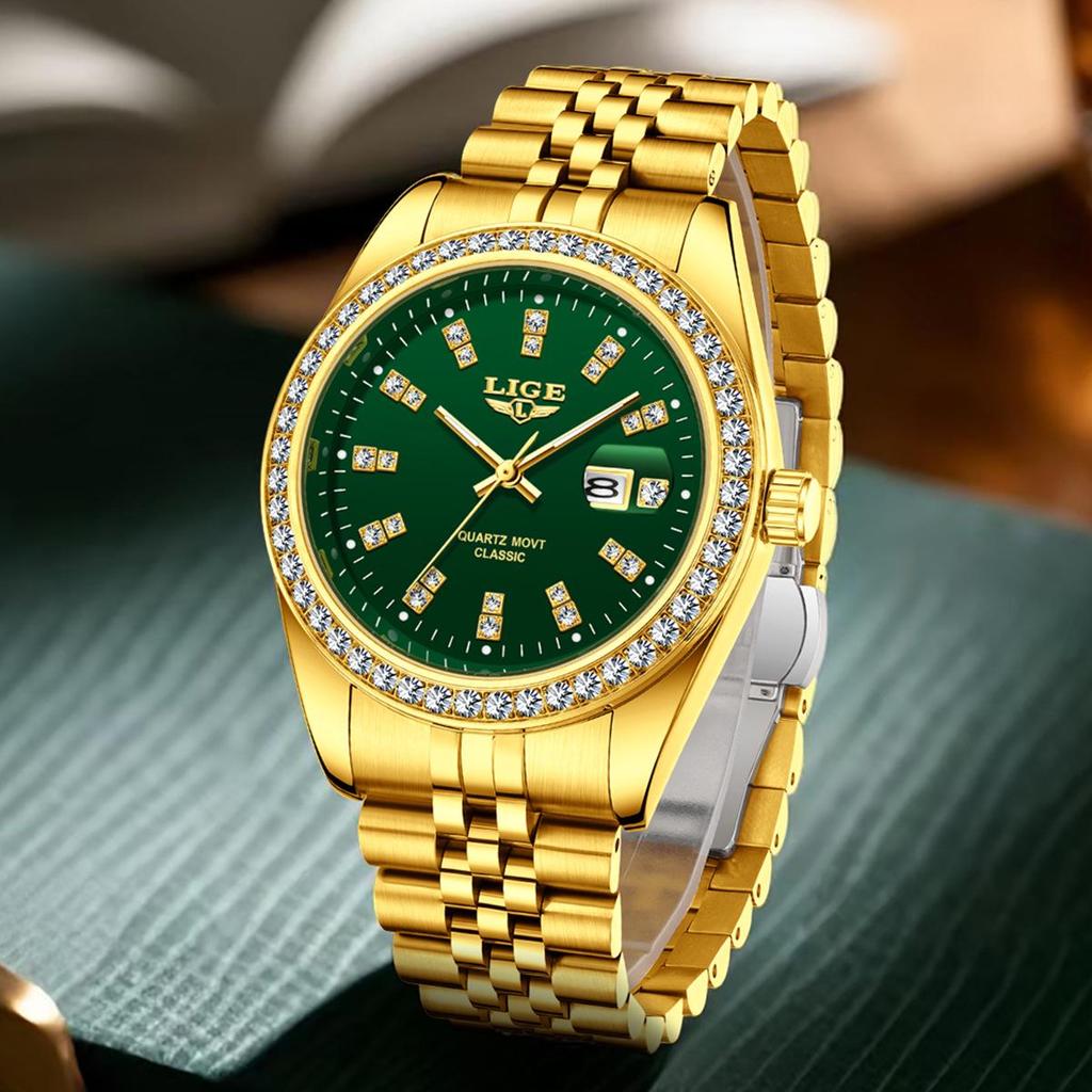 LIGE Men's Elegant Quartz Watch with Large Diamond-Inlaid Dial