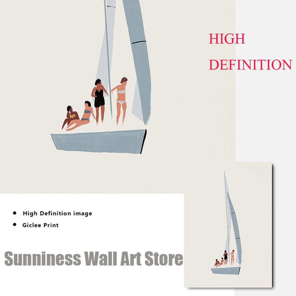 Swim Diverse Women Abstract Wall Art Prints Nordic Sailboat Beach Poster Swimming Pool Canvas Painting Picture Living Room Decor
