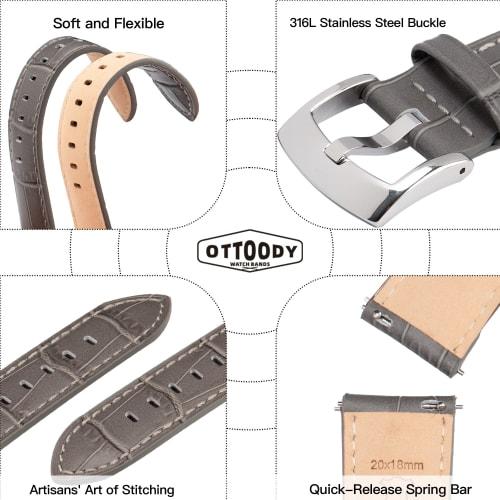 OTTOODY Watch Band, Elegant Genuine Leather Watch Band with Crocodile Pattern, 18mm, 20mm, 21mm, 22mm, Replacement Strap, Quick Release, No Tools Requ