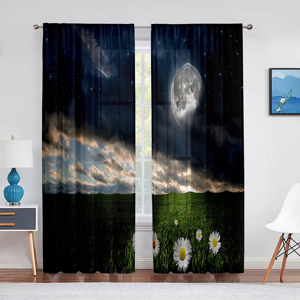 Night Sky Full Moon and Foggy Clouds with Sea Ocean Tulle Curtains for Living Room Bedroom Sheer Voile Kitchen Window Curtain