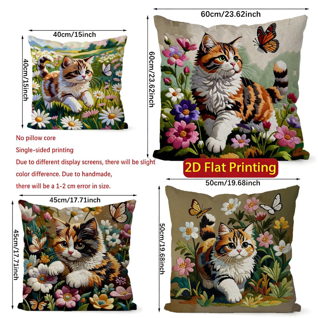 Blumiger Katzen-Aufdruck Quadratische Kissenbezüge Muster Kissenbezug Geeignet für Sofa Schlafzimmer Auto Kissenbezug
