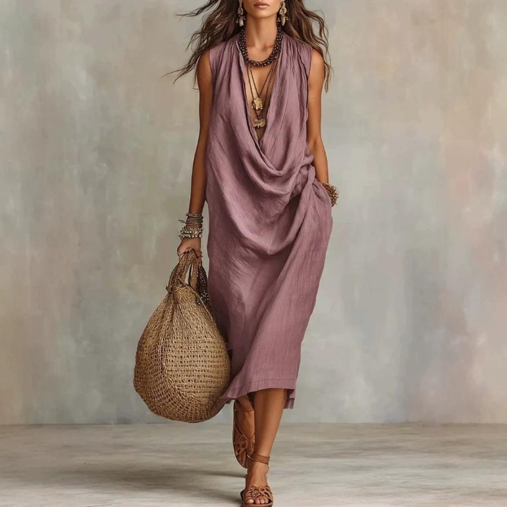 Rochie Maxi de Vară Casual din In și Bumbac, Fără Mâneci, cu Guler Tip Șal, Croială Largă, pentru Femei