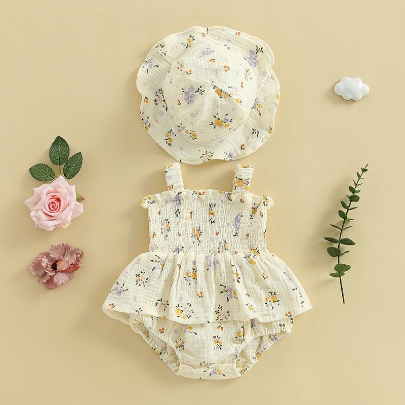 Citgeett Summer Infant Baby Girl Floral Bodysuit Dress Sleeveless Ruffle Sun Hat Outfit Casual Clothes
