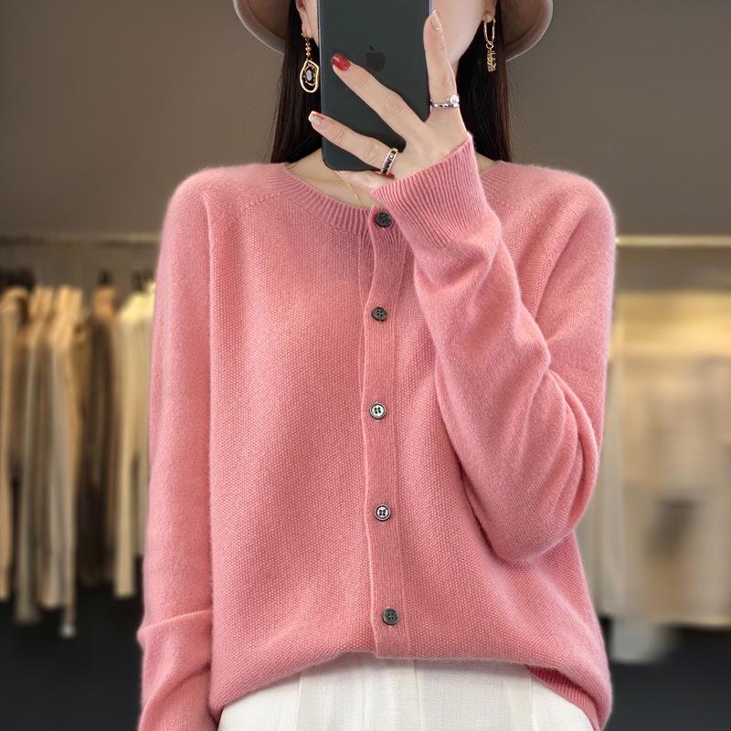 Women's Round Neck Pure Wool Cardigan - Versatile Loose Fit Solid Color Sweater for Spring and Autumn