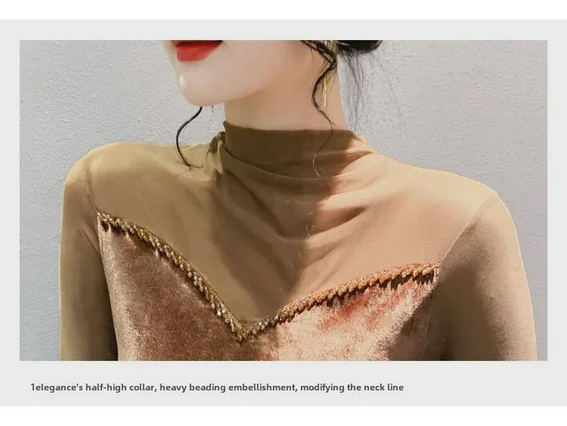 Podzimní přiléhavé tričko s korálkovou patchworkovou aplikací, polovyvýšeným límcem a dlouhým rukávem pro ženy