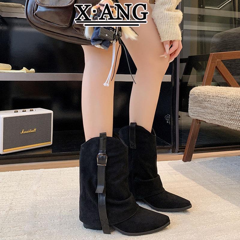 Cowhide Version Pointed Thick Heel Thin Trouser Boots Women's Retro Western Cowboy Boots Women's Maillard Brown Knight Boots
