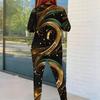Women Plus Size Black Gold Green Printed Round Neck Long Sleeve Top And Fitted Pants Two Piece Set
