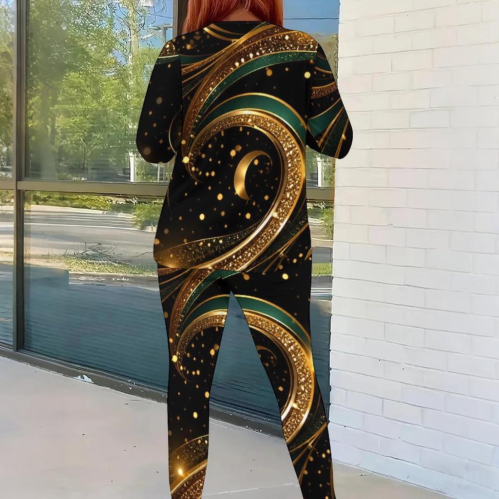 Women Plus Size Black Gold Green Printed Round Neck Long Sleeve Top And Fitted Pants Two Piece Set