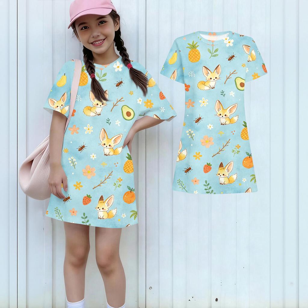 Girls Loose Fit Short Sleeve Dress Lightweight Summer Dress with Animal Print Round Neck Casual Kids Dress for Daily Wear